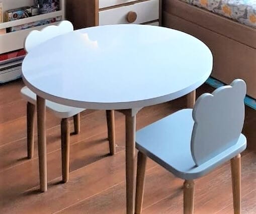 mesa tablero redonda, mobiliario infantil